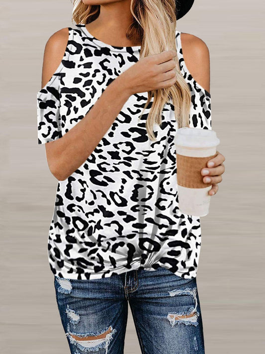 Leopard Twisted Off Shoulder Short Sleeve T-Shirt - T-Shirts - INS | Online Fashion Free Shipping Clothing, Dresses, Tops, Shoes - 10-20 - 21/06/2021 - Category_T-Shirts