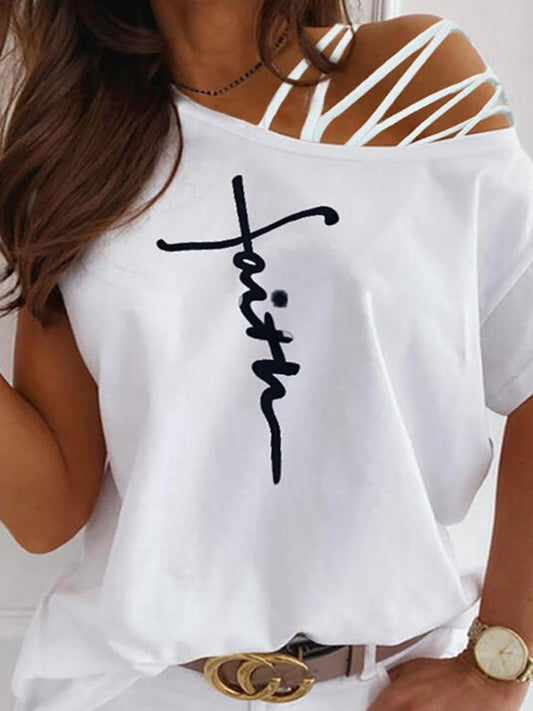 Letter Print Cutout Strappy Short Sleeve T-shirt - T-Shirts - INS | Online Fashion Free Shipping Clothing, Dresses, Tops, Shoes - 27/04/2021 - Color_White - Season_Summer
