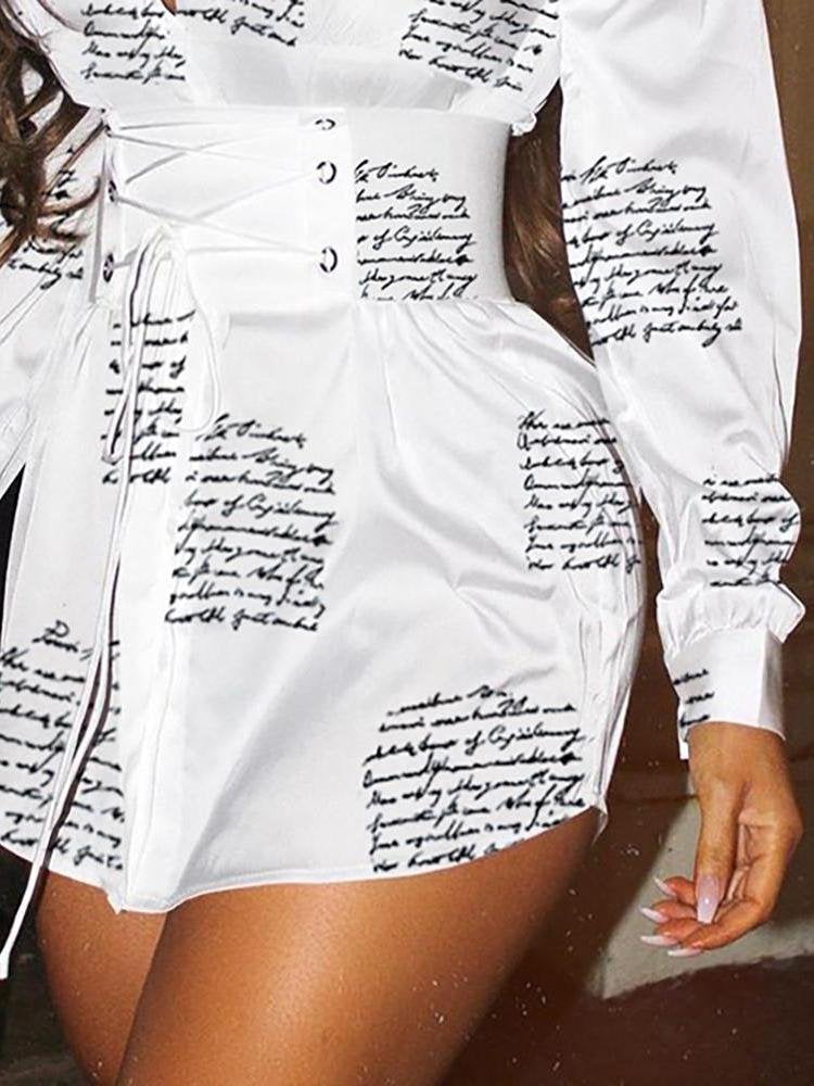 Letter Print Eyelet Lace-Up Shirt Dress - Shirt Dresses - INS | Online Fashion Free Shipping Clothing, Dresses, Tops, Shoes - 29/04/2021 - Category_Shirt Dresses - Color_White