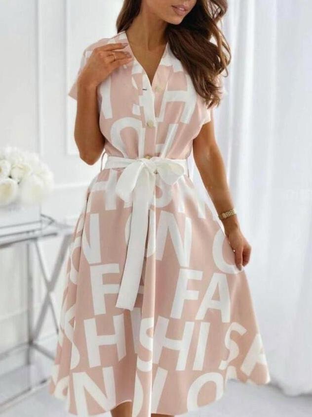 Letter Print Short-sleeved A-line Dress - Midi Dresses - INS | Online Fashion Free Shipping Clothing, Dresses, Tops, Shoes - 08/06/2021 - Color_Black - Color_Pink