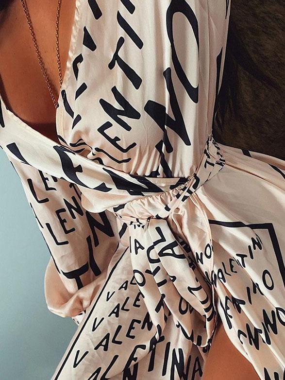 Letter Print Split V-neck Dress - Maxi Dresses - INS | Online Fashion Free Shipping Clothing, Dresses, Tops, Shoes - 20-30 - 28/06/2021 - color-apricot