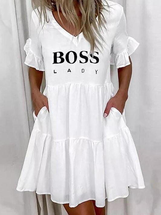 Letter Print V-neck Short Sleeve Ruffle Dress - Mini Dresses - INS | Online Fashion Free Shipping Clothing, Dresses, Tops, Shoes - 01/06/2021 - Category_Mini Dresses - Color_White
