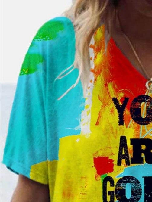 Letter Print V Neck Short Sleeve T-shirt - T-shirts - INS | Online Fashion Free Shipping Clothing, Dresses, Tops, Shoes - 09/06/2021 - Color_Green - Size_2XL