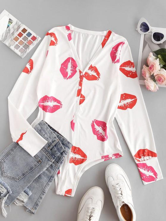 Lips Print Long Sleeve Bodysuit - INS | Online Fashion Free Shipping Clothing, Dresses, Tops, Shoes