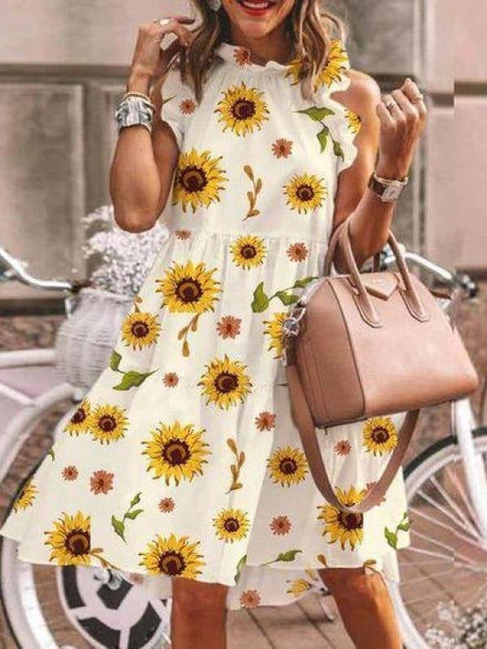Little Daisy Sunflower Sleeveless Print Casual Round Neck Retro Mini Dress - Mini Dresses - INS | Online Fashion Free Shipping Clothing, Dresses, Tops, Shoes - 05/17/2021 - Category_Mini Dresses - Color_Small Daisies