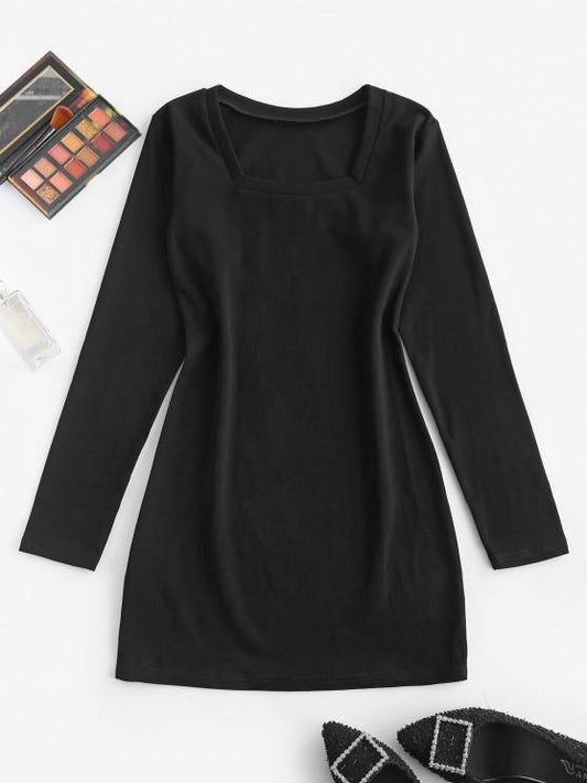 Long Sleeve Casual Bodycon Tee Dress - Bodycon Dresses - INS | Online Fashion Free Shipping Clothing, Dresses, Tops, Shoes - 02/09/2021 - Black - Bodycon Dresses