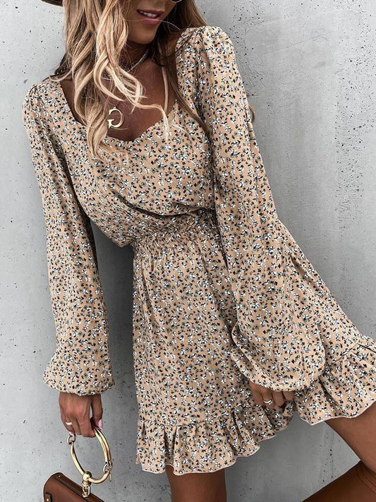 Long Sleeve Elastic Waist Ruffle Print Dress - Mini Dresses - INS | Online Fashion Free Shipping Clothing, Dresses, Tops, Shoes - 04/06/2021 - Category_Mini Dresses - Color_Apricot