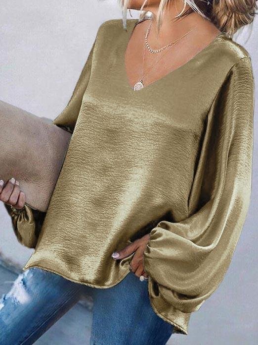 Long Sleeve Loose V-neck Solid Blouse - Blouses - INS | Online Fashion Free Shipping Clothing, Dresses, Tops, Shoes - 10-20 - 27/07/2021 - BLO2107271274