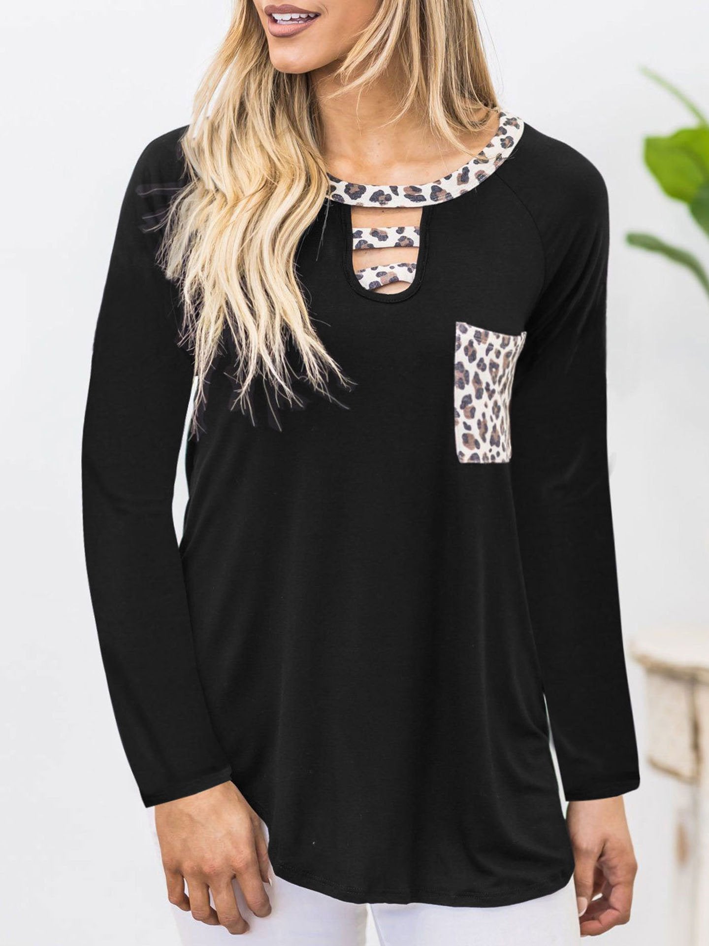 Long Sleeve Stitching Leopard Print T-shirt - T-shirts - INS | Online Fashion Free Shipping Clothing, Dresses, Tops, Shoes - 17/07/2021 - 20-30 - color-black