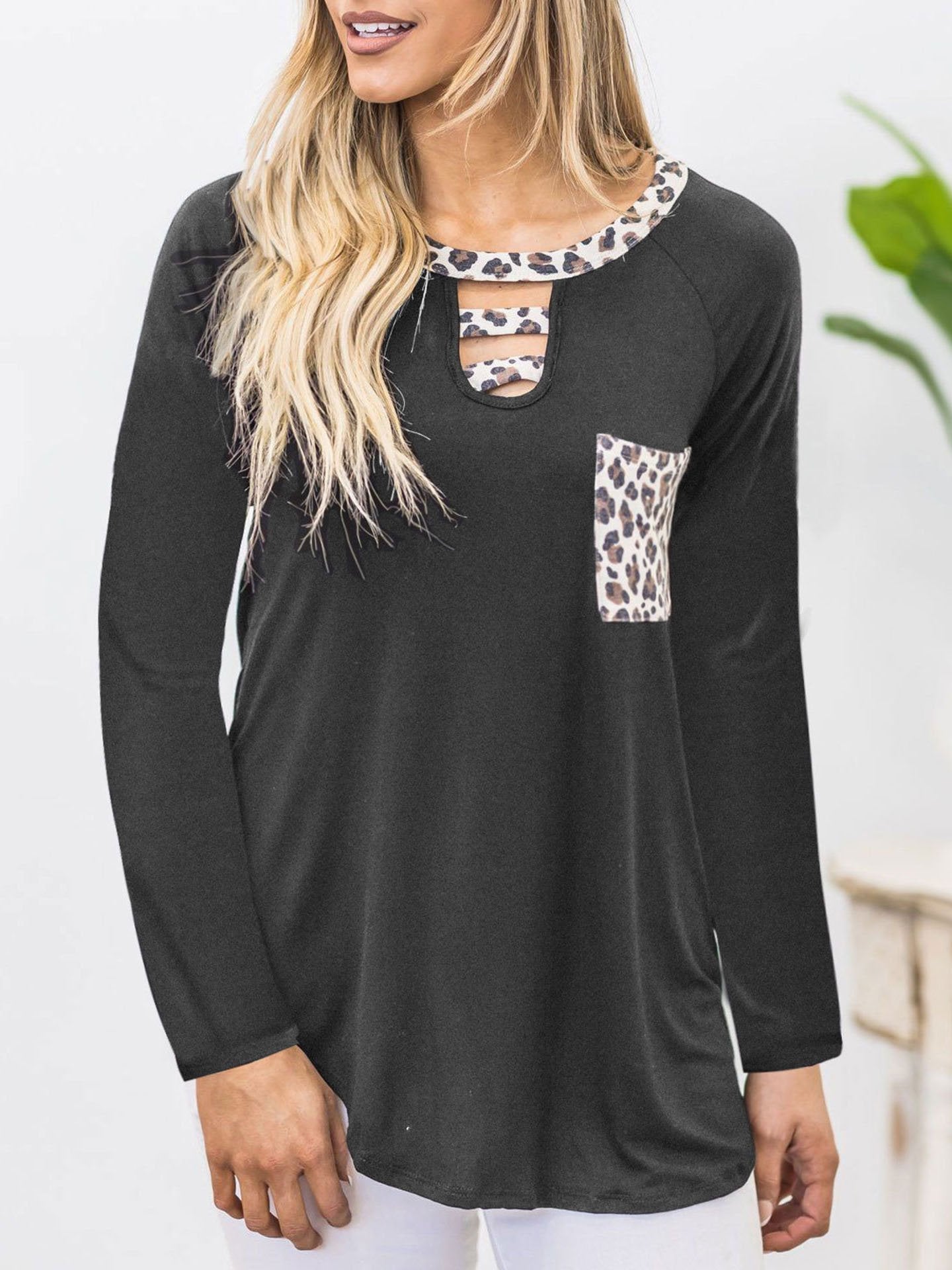 Long Sleeve Stitching Leopard Print T-shirt - T-shirts - INS | Online Fashion Free Shipping Clothing, Dresses, Tops, Shoes - 17/07/2021 - 20-30 - color-black