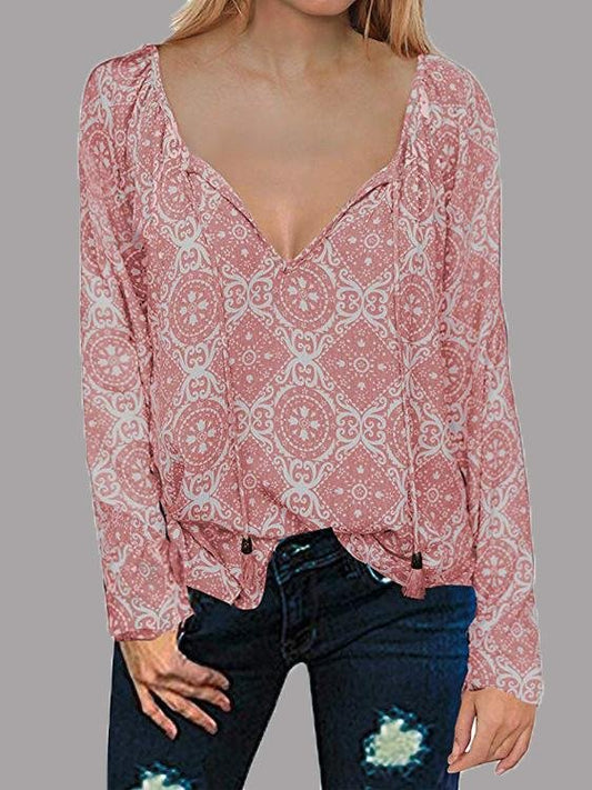 Long Sleeve V-neck Drawstring Pullover Shirt - Blouses - INS | Online Fashion Free Shipping Clothing, Dresses, Tops, Shoes - 11/06/2021 - BLO2106110100 - Blouses