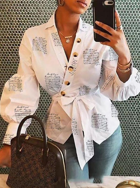 Long Sleeve V-neck Lantern Sleeve Button Printing Blouse - Blouses - INS | Online Fashion Free Shipping Clothing, Dresses, Tops, Shoes - 14/05/2021 - 140521 - Category_Blouses