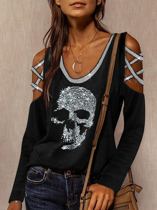 Long Sleeve V-Neck Skull Print Hollow T-Shirt - T-Shirts - INS | Online Fashion Free Shipping Clothing, Dresses, Tops, Shoes - 14/07/2021 - 20-30 - Category_T-Shirts