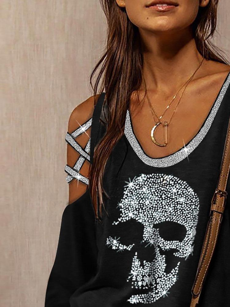 Long Sleeve V-Neck Skull Print Hollow T-Shirt - T-Shirts - INS | Online Fashion Free Shipping Clothing, Dresses, Tops, Shoes - 14/07/2021 - 20-30 - Category_T-Shirts