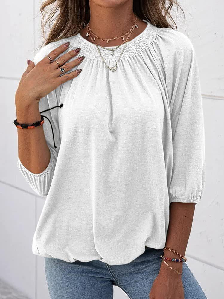 Loose 3/4 Sleeve Pleated Crew Neck T-Shirt - T-Shirts - INS | Online Fashion Free Shipping Clothing, Dresses, Tops, Shoes - 03/07/2021 - 10-20 - Category_T-Shirts
