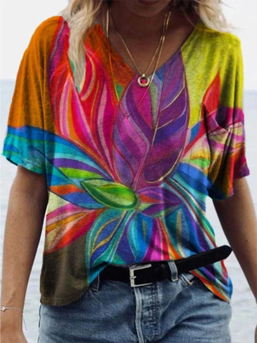 Loose Abstract Painting Print T-shirt - T-shirts - INS | Online Fashion Free Shipping Clothing, Dresses, Tops, Shoes - 09/06/2021 - Color_Purple - Color_Red