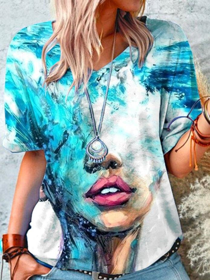 Loose Abstract Print V-neck T-shirt - T-shirts - INS | Online Fashion Free Shipping Clothing, Dresses, Tops, Shoes - 07/06/2021 - Color_Blue - Color_Green