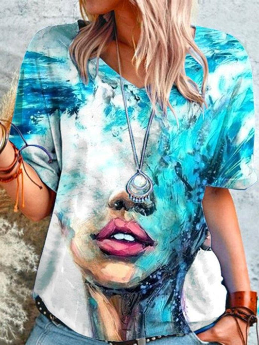 Loose Abstract Print V-neck T-shirt - T-shirts - INS | Online Fashion Free Shipping Clothing, Dresses, Tops, Shoes - 07/06/2021 - Color_Blue - Color_Green
