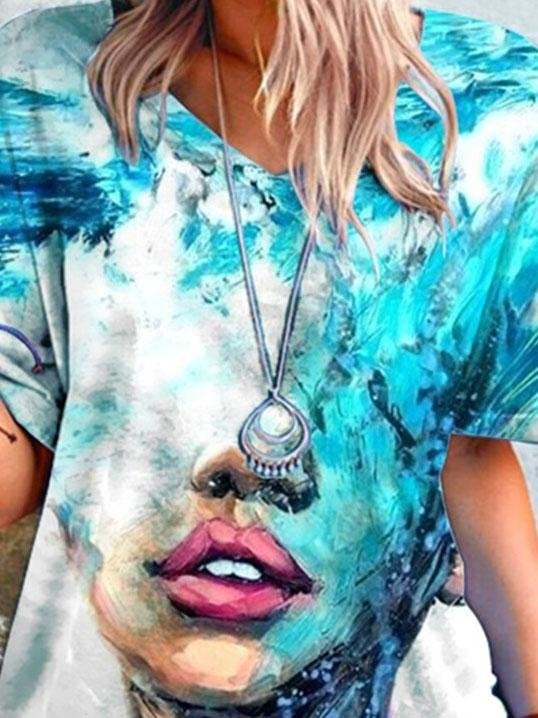 Loose Abstract Print V-neck T-shirt - T-shirts - INS | Online Fashion Free Shipping Clothing, Dresses, Tops, Shoes - 07/06/2021 - Color_Blue - Color_Green