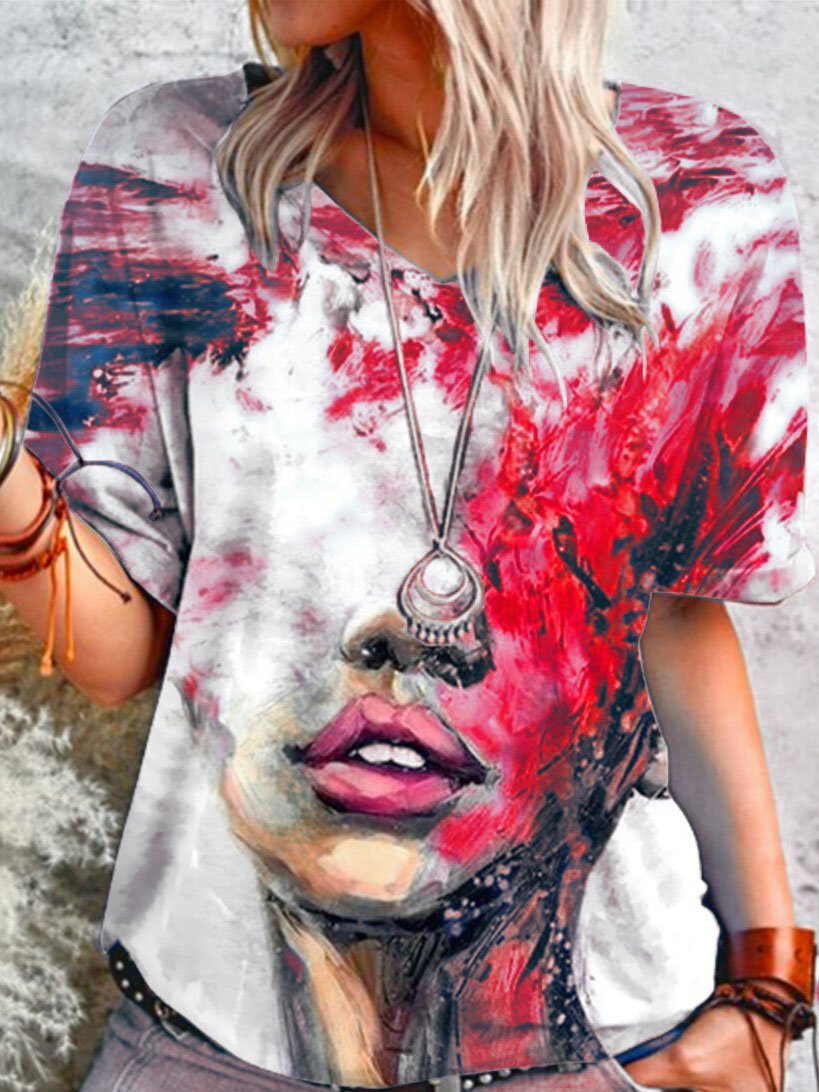 Loose Abstract Print V-neck T-shirt - T-shirts - INS | Online Fashion Free Shipping Clothing, Dresses, Tops, Shoes - 07/06/2021 - Color_Blue - Color_Green