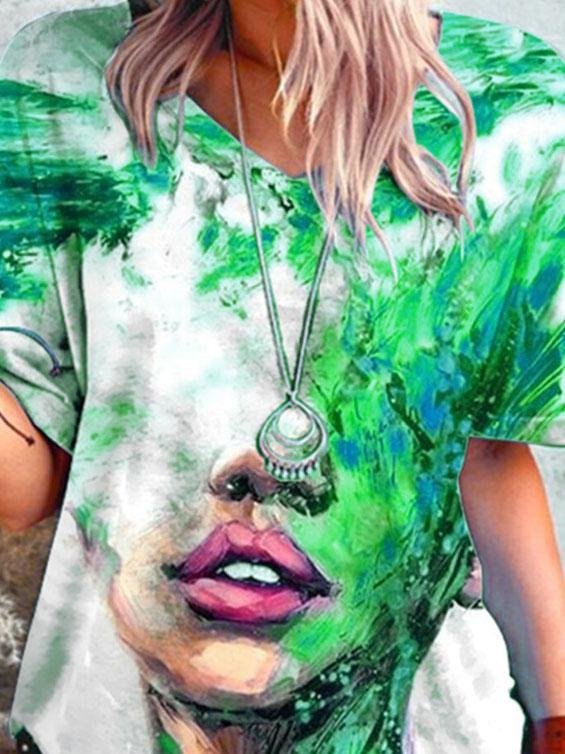 Loose Abstract Print V-neck T-shirt - T-shirts - INS | Online Fashion Free Shipping Clothing, Dresses, Tops, Shoes - 07/06/2021 - Color_Blue - Color_Green