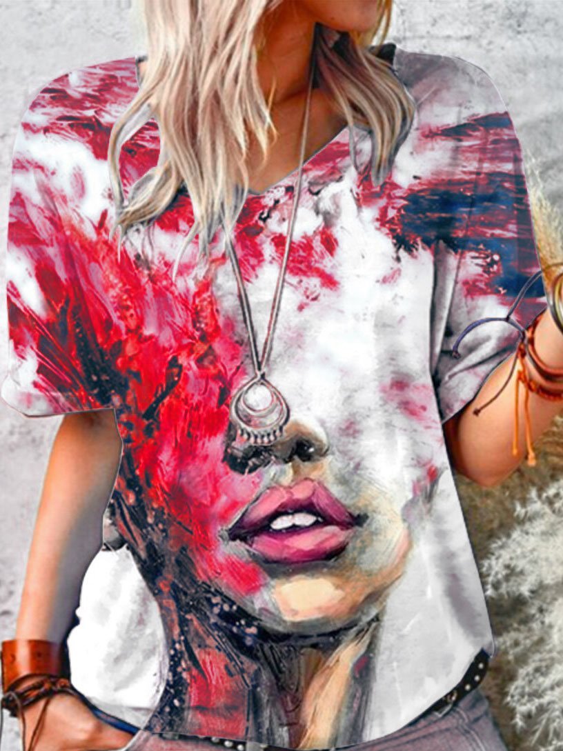 Loose Abstract Print V-neck T-shirt - T-shirts - INS | Online Fashion Free Shipping Clothing, Dresses, Tops, Shoes - 07/06/2021 - Color_Blue - Color_Green