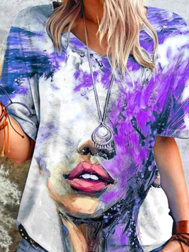 Loose Abstract Print V-neck T-shirt - T-shirts - INS | Online Fashion Free Shipping Clothing, Dresses, Tops, Shoes - 07/06/2021 - Color_Blue - Color_Green
