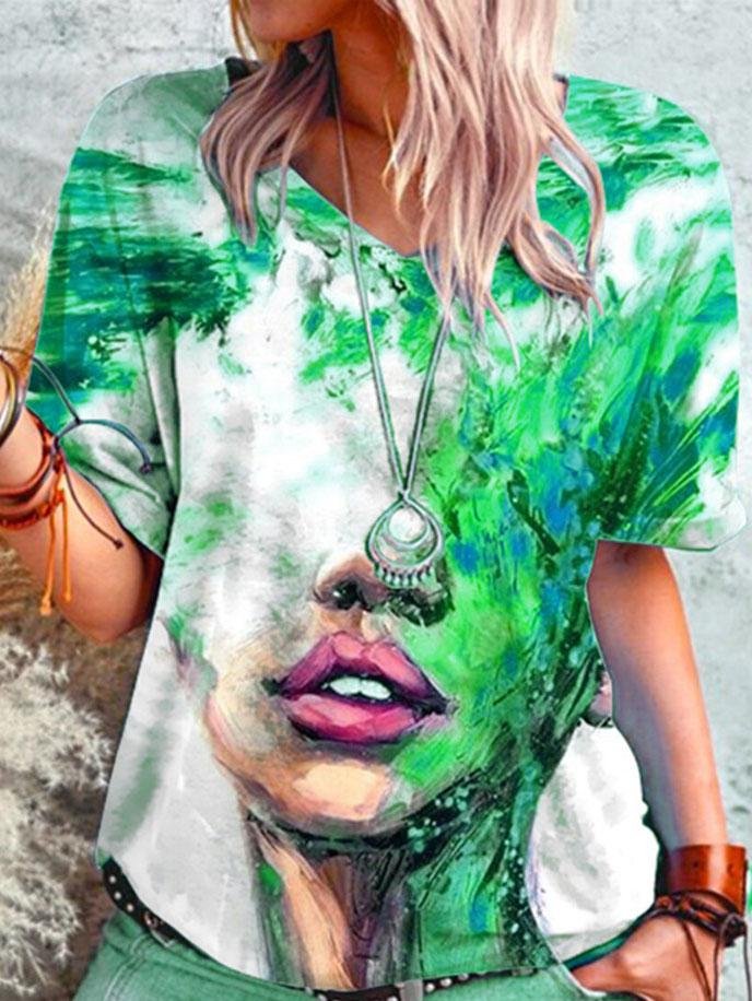 Loose Abstract Print V-neck T-shirt - T-shirts - INS | Online Fashion Free Shipping Clothing, Dresses, Tops, Shoes - 07/06/2021 - Color_Blue - Color_Green