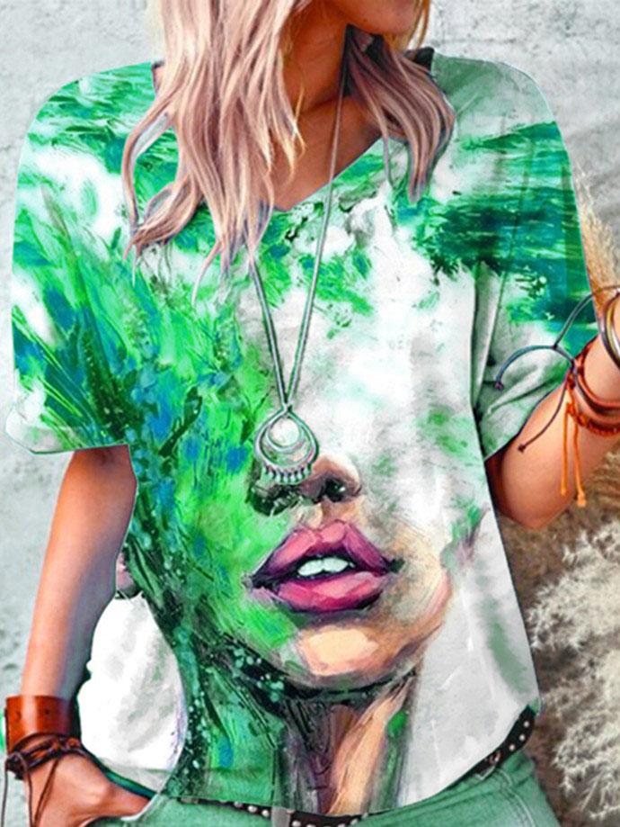 Loose Abstract Print V-neck T-shirt - T-shirts - INS | Online Fashion Free Shipping Clothing, Dresses, Tops, Shoes - 07/06/2021 - Color_Blue - Color_Green