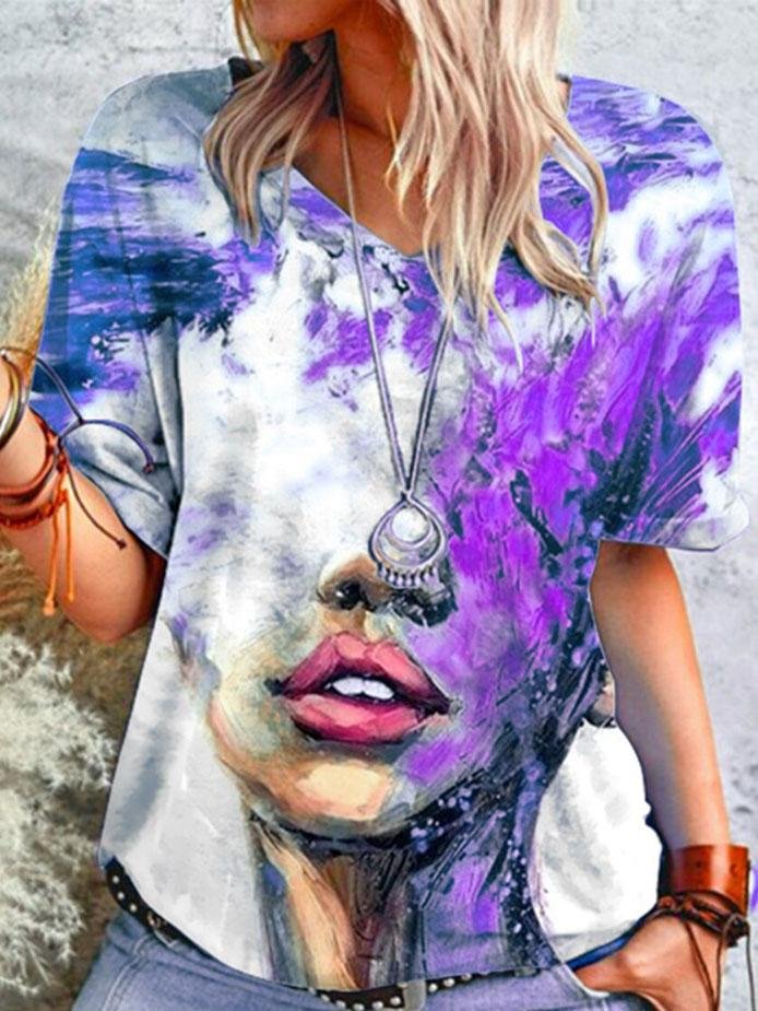 Loose Abstract Print V-neck T-shirt - T-shirts - INS | Online Fashion Free Shipping Clothing, Dresses, Tops, Shoes - 07/06/2021 - Color_Blue - Color_Green