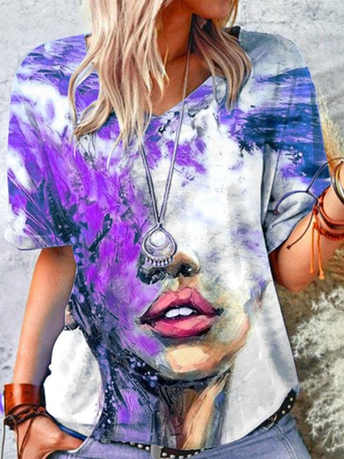 Loose Abstract Print V-neck T-shirt - T-shirts - INS | Online Fashion Free Shipping Clothing, Dresses, Tops, Shoes - 07/06/2021 - Color_Blue - Color_Green