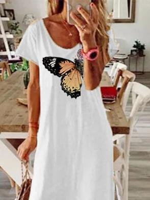 Loose Butterfly Print Short Sleeve Dress - Maxi Dresses - INS | Online Fashion Free Shipping Clothing, Dresses, Tops, Shoes - 07/06/2021 - Category_Maxi Dresses - Color_White
