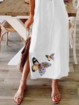 Loose Butterfly Print Short Sleeve Dress - Maxi Dresses - INS | Online Fashion Free Shipping Clothing, Dresses, Tops, Shoes - 07/06/2021 - Category_Maxi Dresses - Color_White