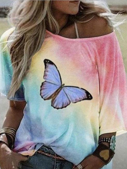 Loose Butterfly Print Short-sleeved T-shirt - T-shirts - INS | Online Fashion Free Shipping Clothing, Dresses, Tops, Shoes - 05/06/2021 - Color_Blue - Color_Purple