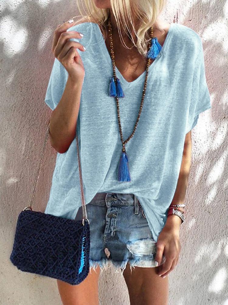 Loose Candy Color V-Neck Short Sleeve T-Shirt - T-Shirts - INS | Online Fashion Free Shipping Clothing, Dresses, Tops, Shoes - 05/07/2021 - 10-20 - Category_T-Shirts