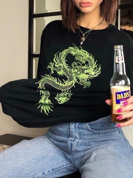 Loose Casual Mid-length Round Neck Dragon Print T-shirt - T-Shirts - INS | Online Fashion Free Shipping Clothing, Dresses, Tops, Shoes - 14/05/2021 - 140521 - Category_T-Shirts