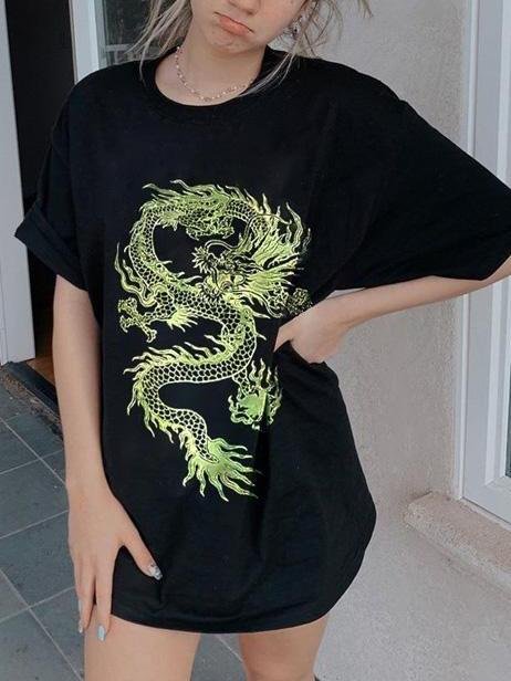Loose Casual Mid-length Round Neck Dragon Print T-shirt - T-Shirts - INS | Online Fashion Free Shipping Clothing, Dresses, Tops, Shoes - 14/05/2021 - 140521 - Category_T-Shirts