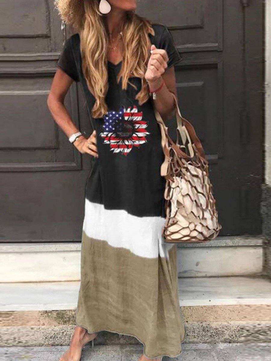 Loose Contrast Stitching Short-sleeved Dress - Maxi Dresses - INS | Online Fashion Free Shipping Clothing, Dresses, Tops, Shoes - 20-30 - 28/06/2021 - color-blue