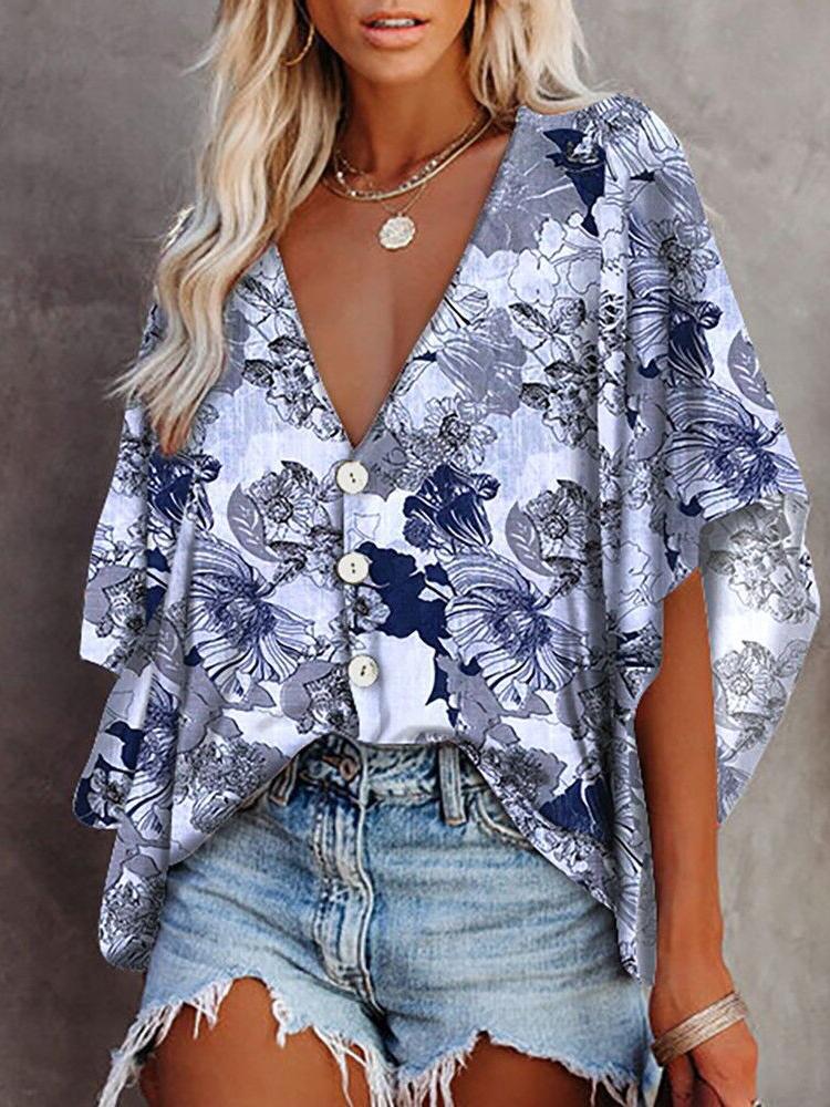 Loose Deep V-neck Mid-sleeved Shirt - Blouses - INS | Online Fashion Free Shipping Clothing, Dresses, Tops, Shoes - 11/06/2021 - BLO2106110099 - Blouses