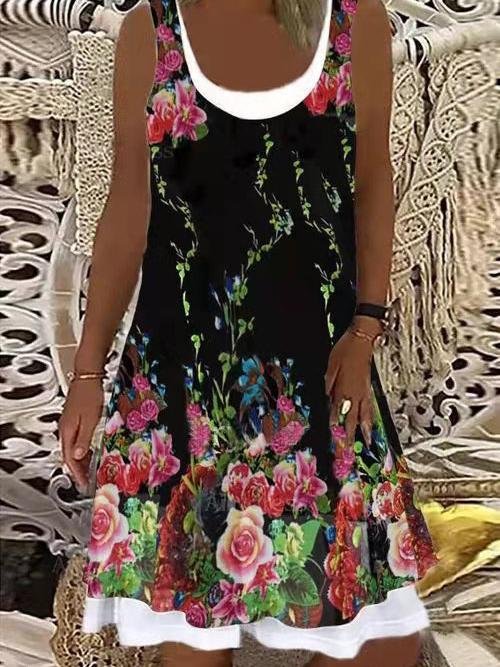 Loose Floral Print Sleeveless Midi Dress - Midi Dresses - INS | Online Fashion Free Shipping Clothing, Dresses, Tops, Shoes - Category_Midi Dresses - Color_Apricot - Color_Black