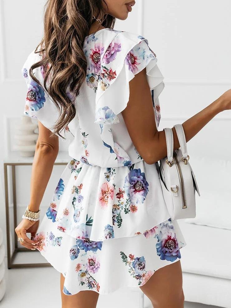 Loose Floral Printed Ruffled Dress - Mini Dresses - INS | Online Fashion Free Shipping Clothing, Dresses, Tops, Shoes - 20-30 - 21/06/2021 - color-blue