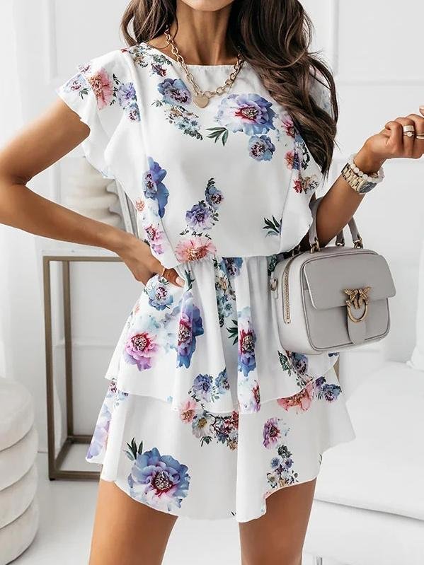 Loose Floral Printed Ruffled Dress - Mini Dresses - INS | Online Fashion Free Shipping Clothing, Dresses, Tops, Shoes - 20-30 - 21/06/2021 - color-blue