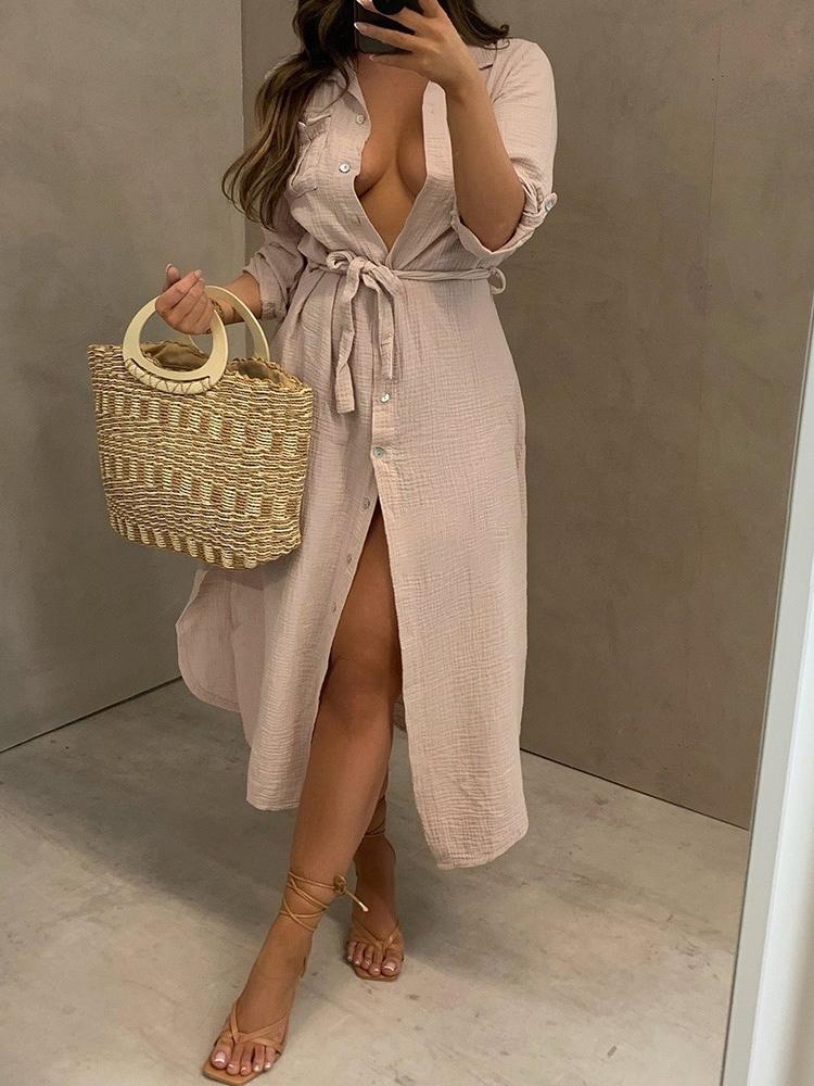 Loose Large Size Deep V Button Shirt Dress - Midi Dresses - INS | Online Fashion Free Shipping Clothing, Dresses, Tops, Shoes - 24/05/2021 - Color_Apricot - Color_Army Green