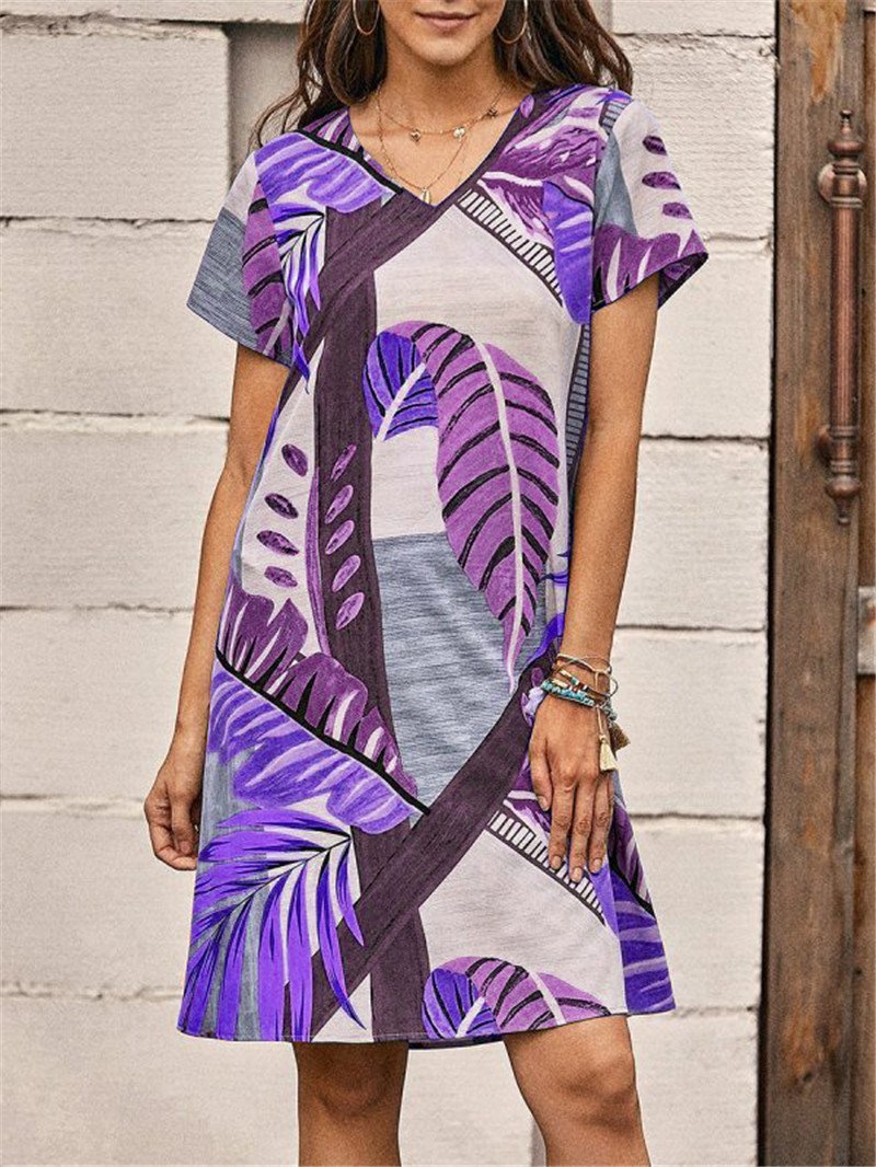 Loose Leaf Print Short Sleeve Dress - Mini Dresses - INS | Online Fashion Free Shipping Clothing, Dresses, Tops, Shoes - 17/07/2021 - 20-30 - Category_Mini Dresses
