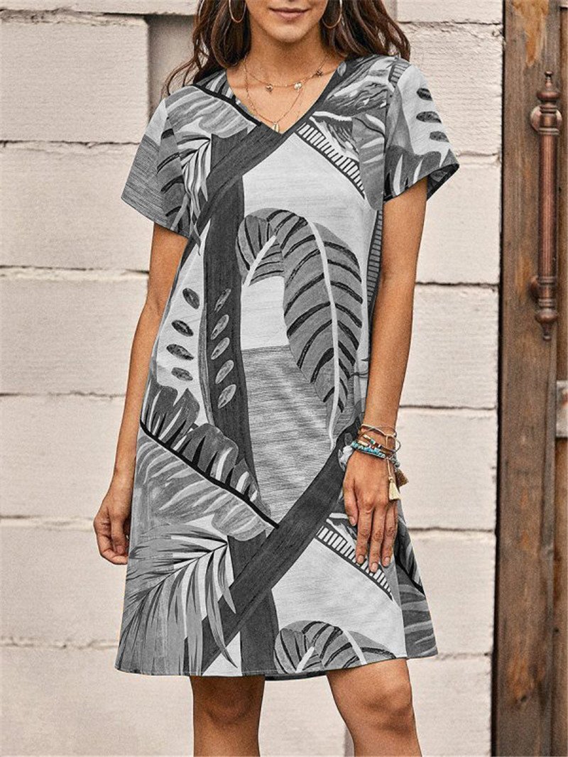Loose Leaf Print Short Sleeve Dress - Mini Dresses - INS | Online Fashion Free Shipping Clothing, Dresses, Tops, Shoes - 17/07/2021 - 20-30 - Category_Mini Dresses