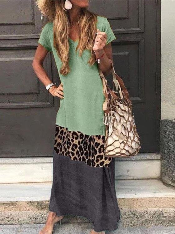 Loose Leopard Print Stitching Short Sleeve Printed V-neck Dress - Maxi Dresses - INS | Online Fashion Free Shipping Clothing, Dresses, Tops, Shoes - 02/06/2021 - Category_Maxi Dresses - Color_Black