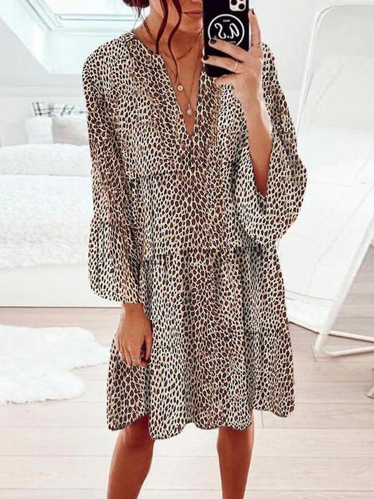 Loose Leopard Print V-neck Dress - Mini Dresses - INS | Online Fashion Free Shipping Clothing, Dresses, Tops, Shoes - 15/06/2021 - Color_Brown - DRE2106150428