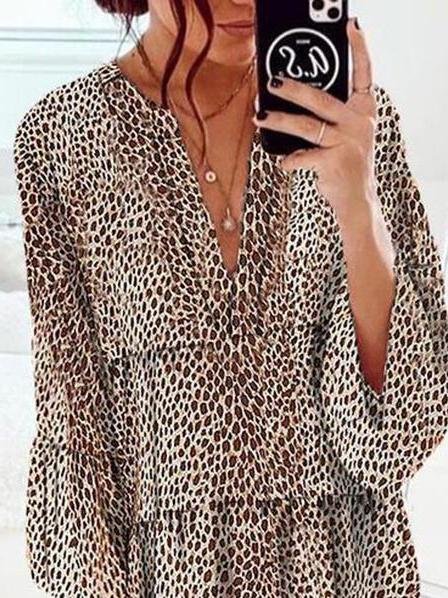 Loose Leopard Print V-neck Dress - Mini Dresses - INS | Online Fashion Free Shipping Clothing, Dresses, Tops, Shoes - 15/06/2021 - Color_Brown - DRE2106150428