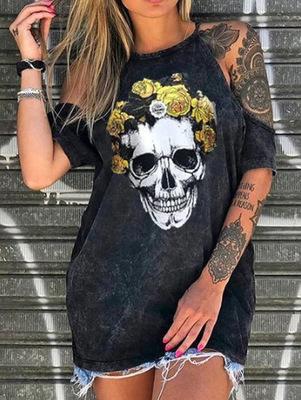 Loose Off-the-shoulder Skull Print T-shirt - T-shirts - INS | Online Fashion Free Shipping Clothing, Dresses, Tops, Shoes - 10-20 - 27/07/2021 - color-navy_gray