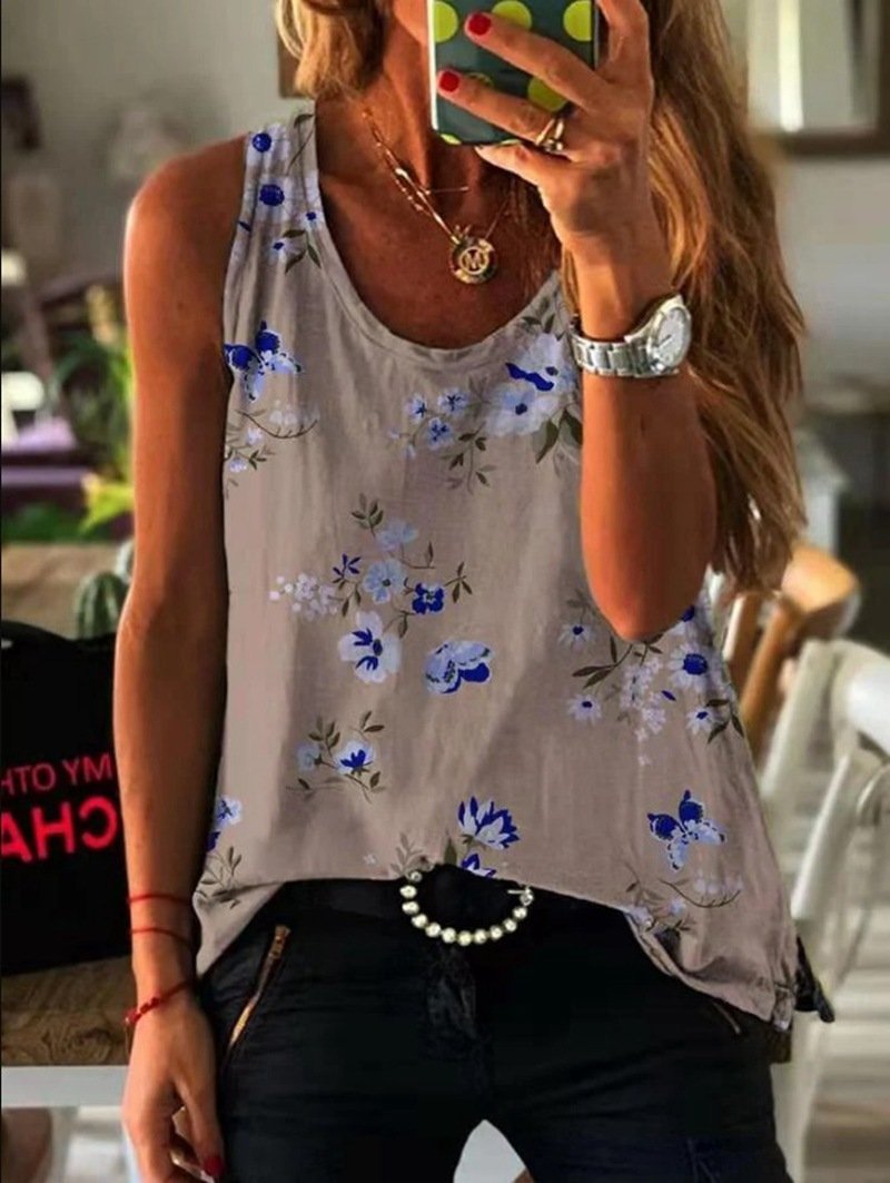 Loose Printed Crew Neck Tank Tops - Tank Tops - INS | Online Fashion Free Shipping Clothing, Dresses, Tops, Shoes - 10-20 - 19/07/2021 - Category_Tank Tops